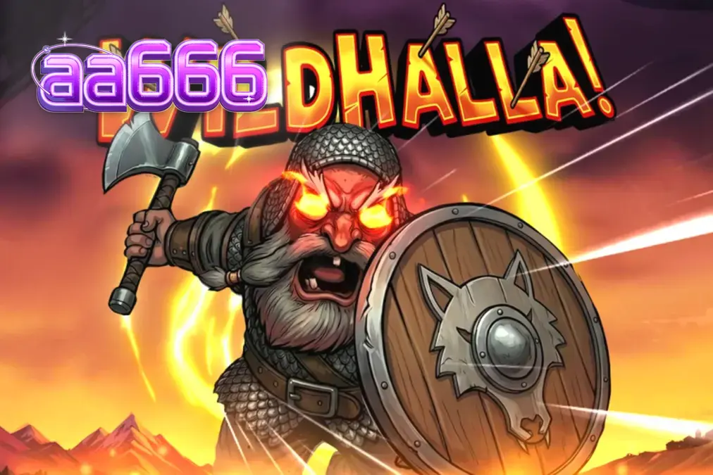 Pemandangan atmosferik dari slot Wildhalla dengan elemen Viking dan gerbang Valhalla.